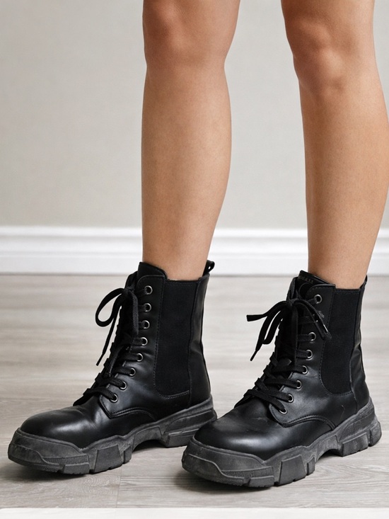 Shoes - Vegan Leather Chelsea Combat Boots Chunky Lug Sole Black Women’s Size 5